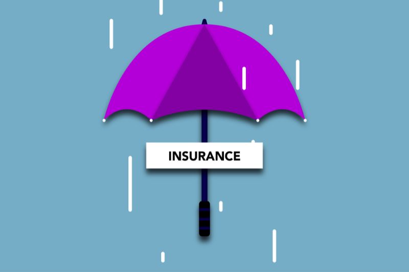 Illustration of a purple umbrella labeled “Insurance” protecting against falling raindrops on a blue background.
