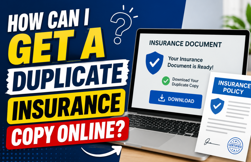 Illustration showing how to get a duplicate insurance copy online, featuring a laptop with an insurance document download screen and a printed insurance policy document.