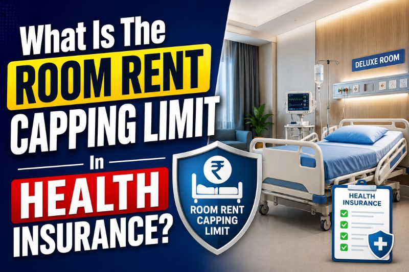 Promotional banner about health insurance room rent limits. Large text reads, “What Is The Room Rent Capping Limit In Health Insurance?” alongside an image of a modern private hospital room with a hospital bed, monitoring equipment, and a “Deluxe Room” sign. A shield icon labeled “Room Rent Capping Limit” and a health insurance checklist graphic emphasize insurance coverage and room rent restrictions.
