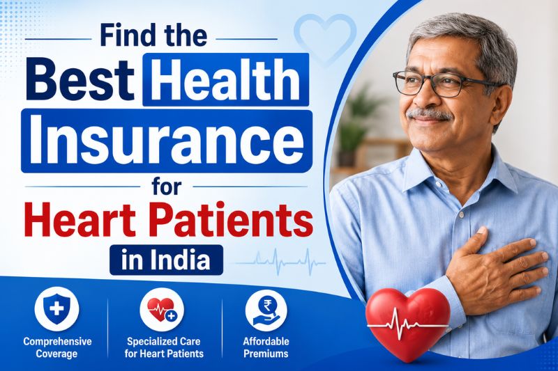 Promotional banner for health insurance for heart patients in India. The left side features the headline, "Find the Best Health Insurance for Heart Patients in India," in bold blue, white, and red text. Along the bottom are icons highlighting comprehensive coverage, specialized care for heart patients, and affordable premiums. On the right, an older man with gray hair, glasses, and a light blue shirt smiles while holding his hand over his chest, next to a red heart graphic with an ECG line. The design uses blue and white healthcare-themed colors with subtle heart and heartbeat illustrations.